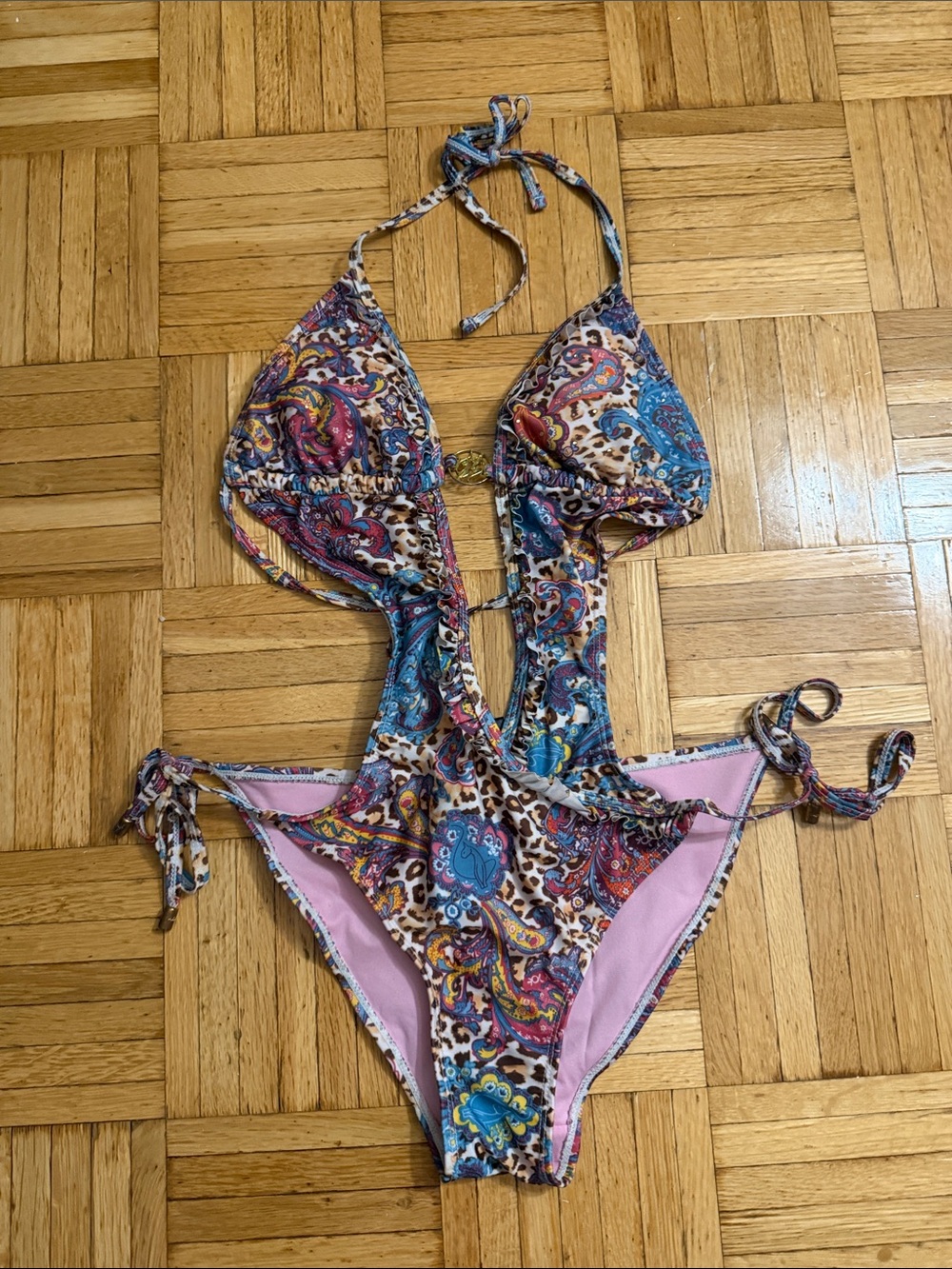 Women's Baby Phat Multicolor Paisley and Leopard Print Cutout One-Piece Swimsuit